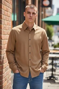 Kenneth Cole Reaction 60's LS Button Down Dress Shirt  Brown Faux Suede XL